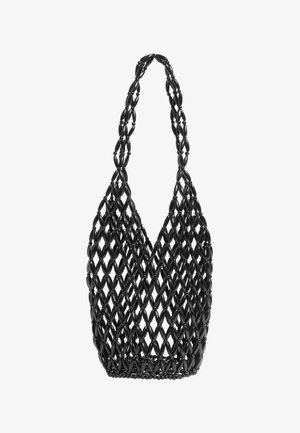 Geantă de mână neagră cu mărgele, cu mărgele ovale și rotunde împletite, formând un model asemănător unei plase și o singură bretea de umăr.