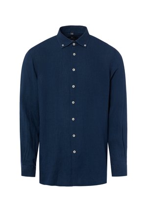 Navyblaues langärmeliges Hemd mit Knopfleiste, Button-Down-Kragen und weißen Knöpfen vorne.