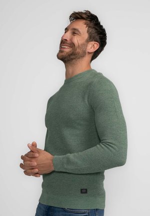 Grüner strukturiertes Rundhals-Pullover mit Rippenmuster, langen Ärmeln und einem kleinen Logopatch am Saum, getragen mit blauen Jeans.