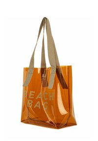 Borsa da spiaggia trasparente arancione con manici in tessuto beige; presenta un testo in grigio audace che recita "BAGAGLIO DA SPIAGGIA"; forma rettangolare con apertura superiore.