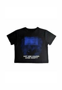 Black cotton t-shirt featuring a blue graphic design and the text "HIT ME HARD AND SOFT" in white. Short sleeves and crew neckline.