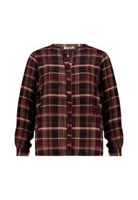 Chemise à carreaux dans des couleurs bordeaux, noir et crème. Manches longues, décolleté en V et coupe standard avec des boutons visibles sur le devant.
