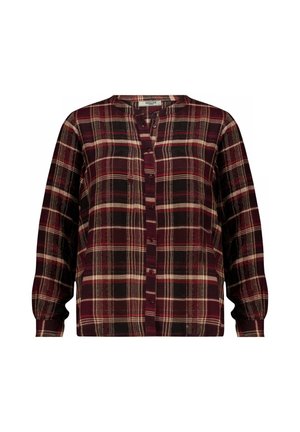 Chemise à carreaux dans des couleurs bordeaux, noir et crème. Manches longues, décolleté en V et coupe standard avec des boutons visibles sur le devant.