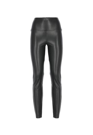 Leggings neri in ecopelle con vita alta, vestibilità slim e texture liscia. Presentano cuciture minimal e un design elegante e affusolato.