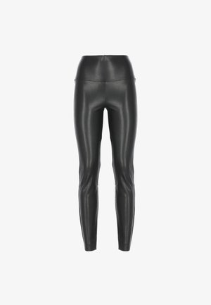 Leggings neri in ecopelle con vita alta, vestibilità slim e texture liscia. Presentano cuciture minimal e un design elegante e affusolato.