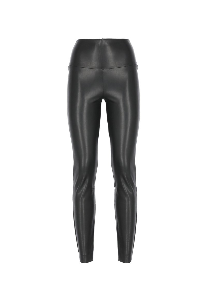 Leggings neri in ecopelle con vita alta, vestibilità slim e texture liscia. Presentano cuciture minimal e un design elegante e affusolato.