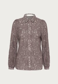Blusa di pizzo in un mauve attenuato con colletto, maniche lunghe e polsini elasticizzati; presenta un motivo floreale e una trama semitrasparente.