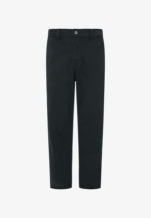 Mustadest puuvillast pükstest, sirge jala disainiga, millel on nööbiga sulgemine, vööde jaoks aasad ja peened õmbluse detailid.