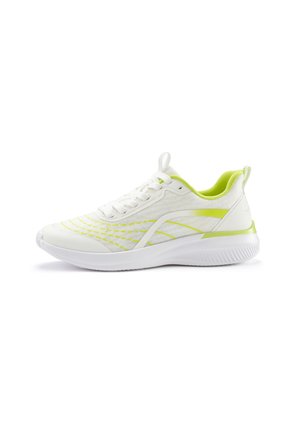 White athletic shoes with lime green accents, knit texture, streamlined shape, and a cushioned sole featuring horizontal grooves for traction.