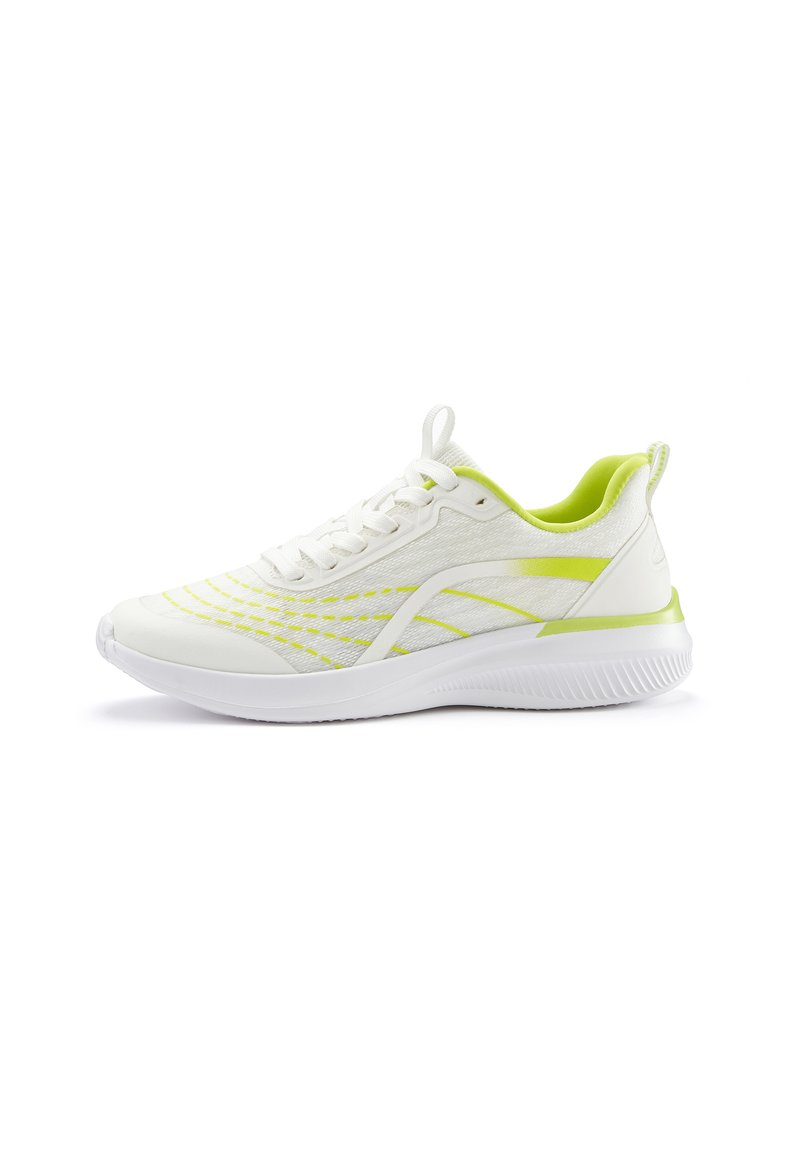 White athletic shoes with lime green accents, knit texture, streamlined shape, and a cushioned sole featuring horizontal grooves for traction.