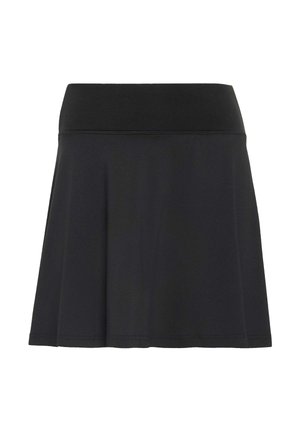 Black A-line skirt with wide waistband, smooth texture, and simple hem, displayed against a white background.