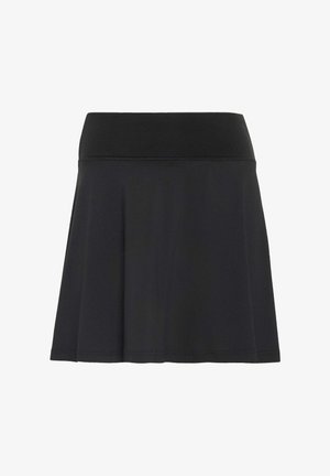 Black A-line skirt with wide waistband, smooth texture, and simple hem, displayed against a white background.