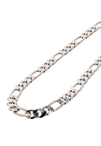 Silberne Metallkette mit ineinandergreifenden Gliedern in unterschiedlichen Formen und Größen, polierte Oberfläche und glatte Textur.