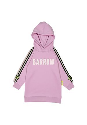 Felpa rosa chiaro con tasca a marsupio, dotata di cappuccio, testo "BARROW", dettagli a strisce nere e un logo con sorriso verde sulla manica.