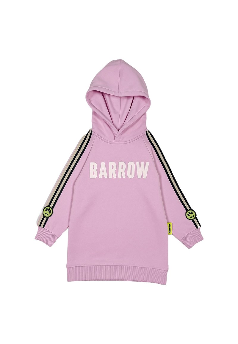Felpa rosa chiaro con tasca a marsupio, dotata di cappuccio, testo "BARROW", dettagli a strisce nere e un logo con sorriso verde sulla manica.