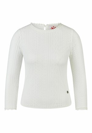 Weiße, langärmelige Spitzenbluse mit gezackten Kanten, runden Ausschnitt, Knopfverschluss mit Schlitz auf der Rückseite und dezentem Blumenmuster.
