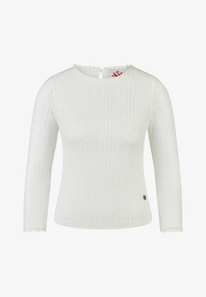Weiße, langärmelige Spitzenbluse mit gezackten Kanten, runden Ausschnitt, Knopfverschluss mit Schlitz auf der Rückseite und dezentem Blumenmuster.