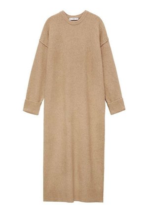 Long, beige knit dress made of soft fabric with a round neckline and ribbed cuffs. Features a straight silhouette and below-knee length.