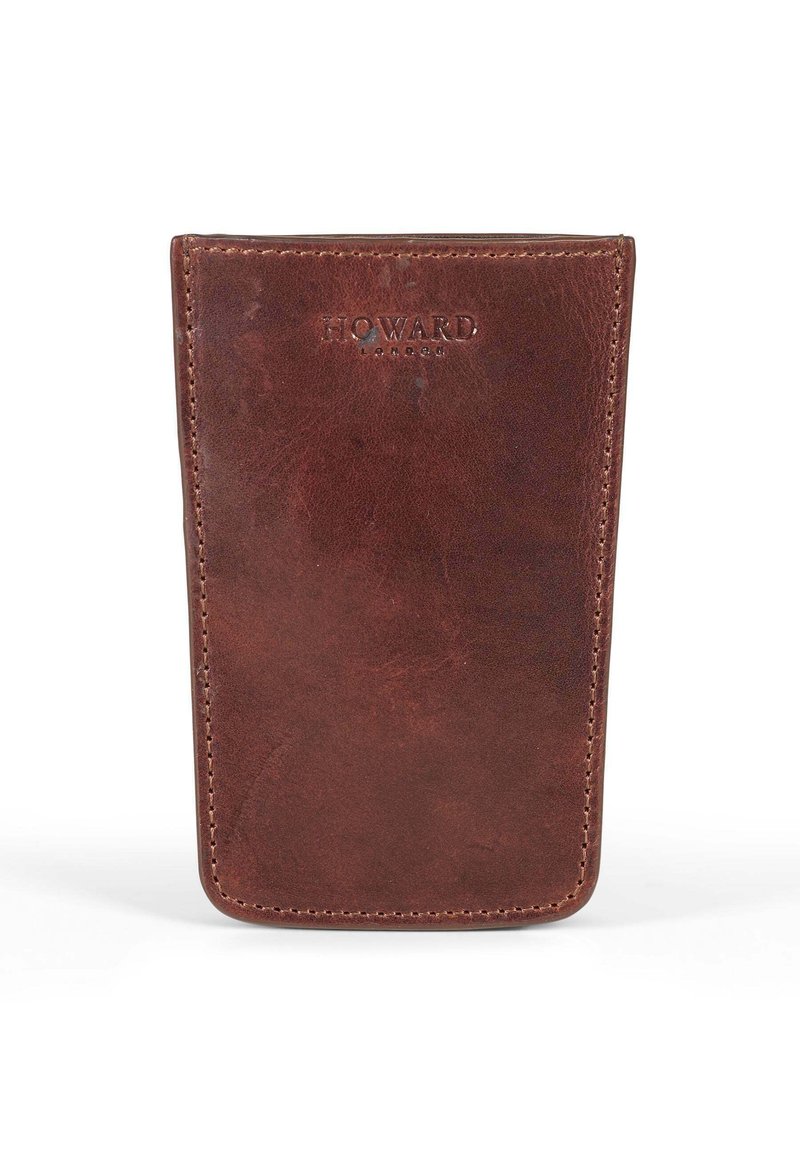 Porte-cartes en cuir marron avec coins arrondis, bords cousus et logo "Howard" embossé. Texture lisse, design minimaliste.