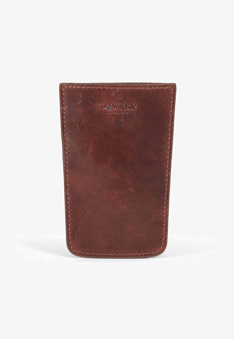 Portafoglio in pelle marrone con angoli arrotondati, bordi cuciti e logo "Howard" impresso. Texture liscia, design minimalista.
