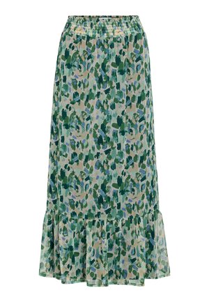 Φούστα μεσαίου μήκους με ελαστική ζώνη, πράσινο και μπλε αφηρημένο floral σχέδιο και λεπτομέρεια με βολάν στο τελείωμα.