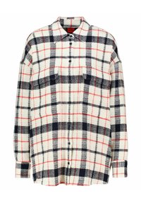 Flanellen shirt met een crèmekleurige basis, marineblauw en rood geruit patroon. Voorzien van knoopsluiting, lange mouwen en twee borstzakken.