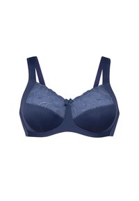 Navy blauwe bh met bloemetjeskant bovenpaneel, gladde onderpanelen, brede verstelbare bandjes en een strikdetail in het midden. Voorzien van beugelsupport.