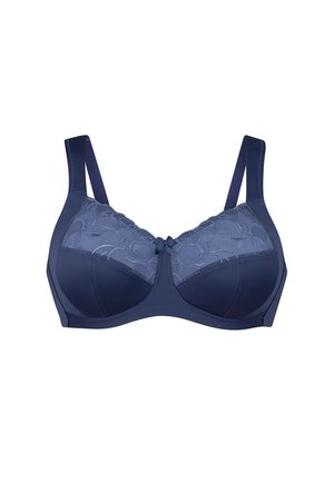 Marineblauer BH mit floralem Spitzenoberteil, glatten unteren Paneelen, breiten verstellbaren Trägern und einer zentralen Schleifendetail. Bietet Unterstützung durch Unterdraht.