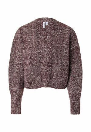 Debel pleteni skrajšan kardigan v mešani bordo in sivi barvi z dolgimi rokavi in odprtim sprednjim delom.