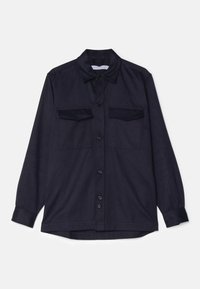 Dark navy button-up shirt made of textured fabric, featuring a collar, two chest pockets, and long sleeves with buttoned cuffs.