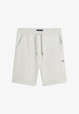 Hellgraue Baumwollshorts mit Kordelzug in der Taille, Seitentaschen und Tommy Hilfiger Logo am rechten Bein.