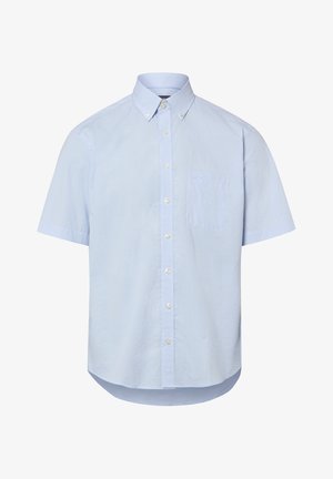 Hellblaues kurzärmeliges Hemd mit Knopfleiste, Knopfkragen und Brusttasche, mit einem dezenten karierten Muster.