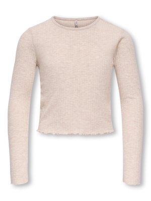 Beige long-sleeve ribbed knit top with crew neckline and lettuce edge hem, displayed on a white background.