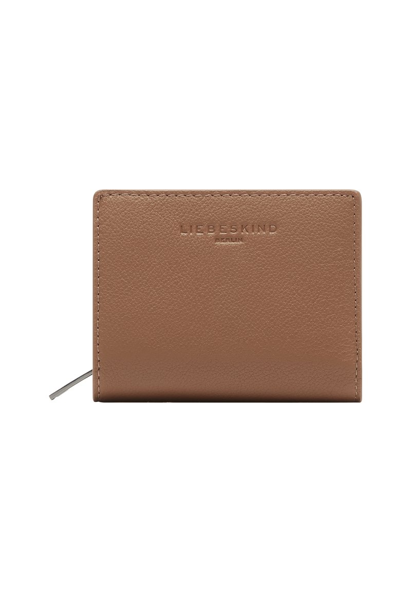 Portafoglio in pelle marrone con texture, logo "Liebeskind Berlin" impresso, zip sul lato sinistro, forma rettangolare.