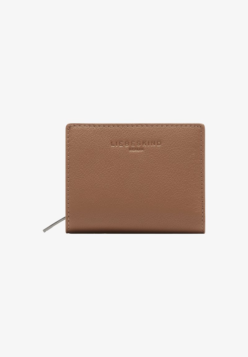 Brown textured leather wallet with embossed "Liebeskind Berlin" logo, zipper pull on the left side, rectangular shape.
