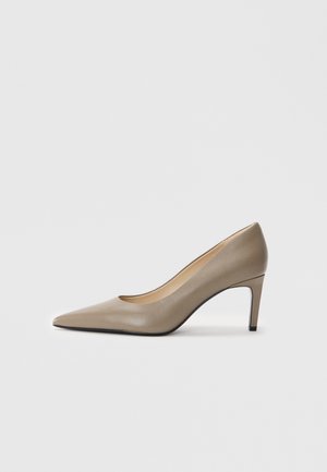 Beige leather high heel shoe with a pointed toe and a slim, 7 cm heel. Smooth surface and minimalistic design with no visible embellishments.