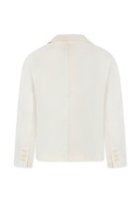 Blazer color crema con colletto a revers, maniche lunghe e polsini a cinque bottoni. Tessuto liscio con cuciture minime e silhouette su misura.