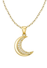 Collana con pendente in oro a forma di mezzaluna decorata con strass trasparenti lungo un lato, sospesa a una catena in oro giallo.
