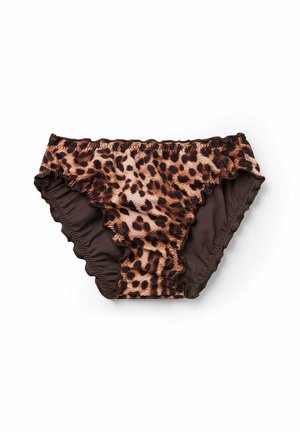 Bikini-Höschen im Leopardenmuster mit gewellten Kanten, das auf einem kontrastierenden braunen Grund gefertigt ist. Hergestellt aus elastischem Material für optimale Passform und Komfort.