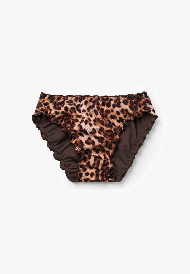 Bikiny s leopardím vzorem a zvlněnými okraji, s kontrastním hnědým základem. Vyrobeno z elastického materiálu pro pohodlné nošení a přizpůsobení.