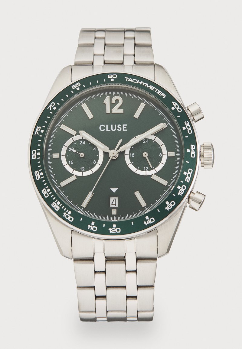 Montre chronographe en métal argenté pour homme Cluse avec cadran vert foncé, lunette tachymétrique, deux sous-cadrans, affichage de la date à 6 heures et bracelet à maillons.