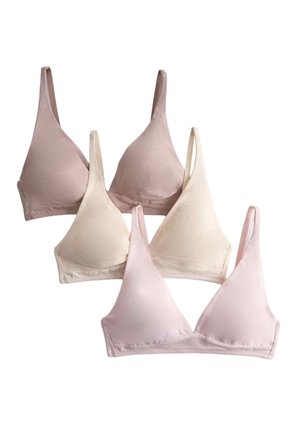 Quattro reggiseni senza ferretto a coppa morbida in tonalità di rosa tenue, beige e crema, disposti sovrapposti su uno sfondo bianco.
