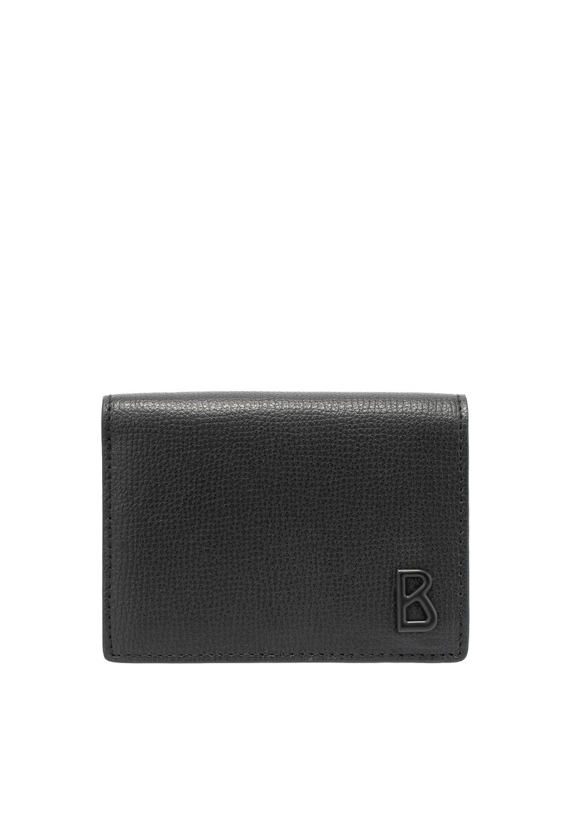 Billetera de cuero negro con acabado texturizado, forma rectangular y un logotipo "B" en relieve visible en el frente. Diseño simple.