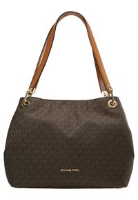 Sac à main marron Michael Kors avec motif logo répété, bandoulières doubles couleur cuir clair et détails en métal doré.