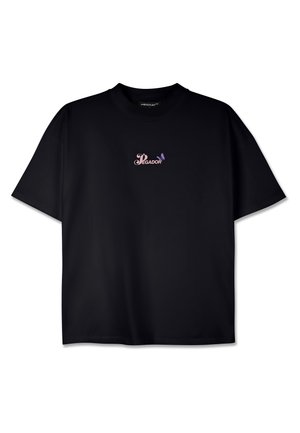 T-shirt noir, à manches courtes, col rond. Présente un petit graphique rose et violet avec le mot "PEGADOR" centré sur la poitrine.