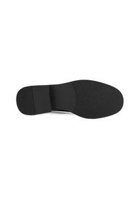 Zwarte schoenzool met een glad, vlakke oppervlakte, ronde vorm en gestructureerd rubber voor grip. Eenvoudig ontwerp zonder zichtbare merknaam of accenten.
