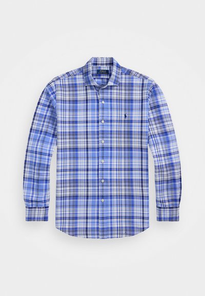 Light blue long-sleeve plaid shirt featuring a button-down collar, chest logo, and varying shades of blue and white in a checked pattern.