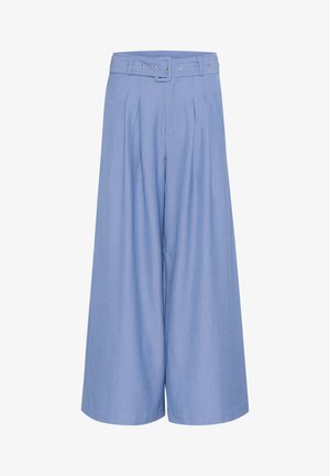 Blaue gestreifte weite Hose mit passendem Gürtelbund, ausgestattet mit Falten und einer glatten Textur.