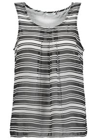 Blouse sans manches rayée noir et blanc avec encolure ronde et plissé sur le devant, confectionnée dans un tissu léger et légèrement transparent.