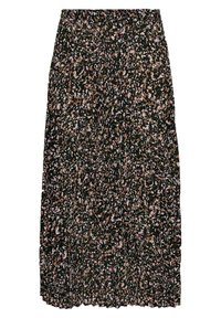 Květinová maxi sukně v tmavě zelené barvě s plisovaným designem, zdobena malými růžovými, bílými a béžovými květinami. Elastický pas pro pohodlné nošení.